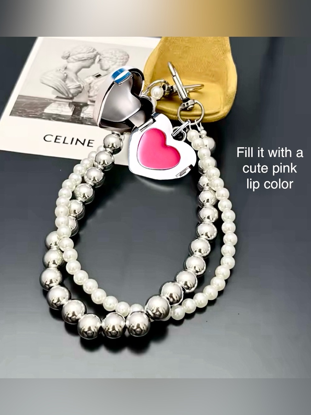 2-in-1 Phone Strap/Lipgloss Keychain, Beaded Pearl Wrist Strap, Refillable